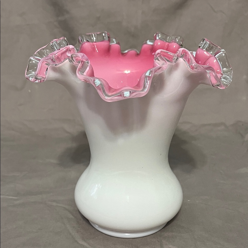 Fenton Pink and White Ruffled Vase